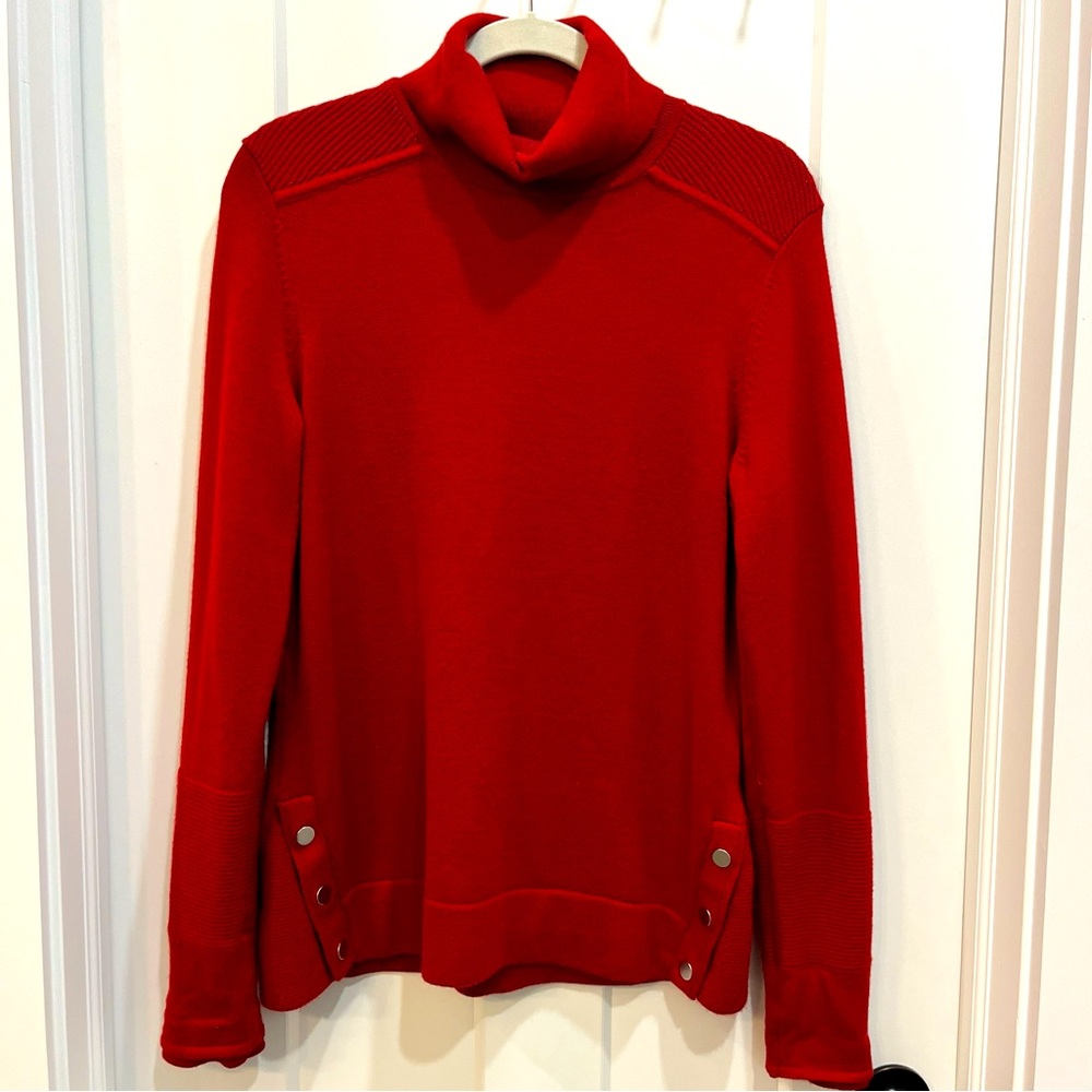 Athleta Women’s Merino Wool Red Turtleneck Sweater Thumbholes Snaps Size‎ Small
